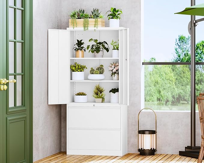 Letaya Metal Storage Cabinets for Home Office,File Cabinet-2 Drawers with Lock and Adjustable Shelves-Hang Legal/Letter/A4/F4 Size Filing-White