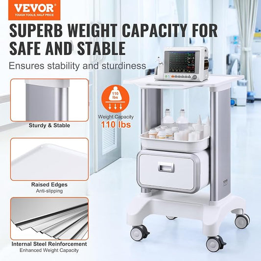 VEVOR Medical Trolley Storage Cart with Removable Drawer, Rolling Lab Tray Cart with Wheels for Ultrasound, Dental Clinic, Lab, Beauty Salon, Office