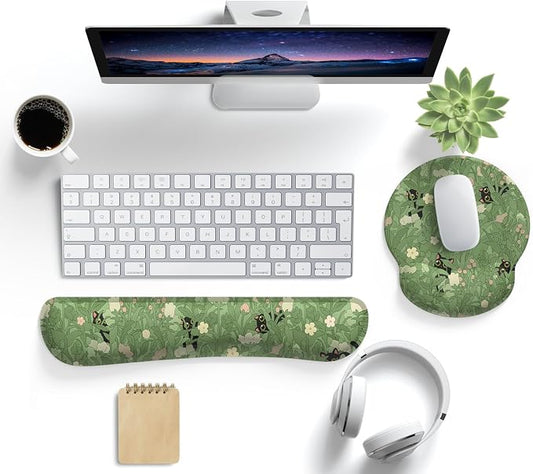 Cute Flower Mouse Pad Wrist Support Ergonomic Green Hide Out Cat, Keyboard Mouse Wrist Rest Non-Slip Gel Anime Kawaii 3D Mouse Pads Wrist Pad,Easy Typing,Pain Relief, Comfortable Computer Mouse Pad.