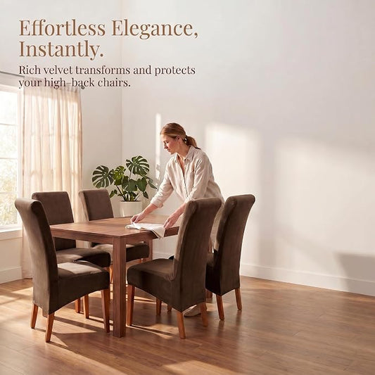Deisy Dee Stretch XL/Oversized Extra Large Velvet Dining Room Chair Covers for Kitchen Dining,Removable Washable Chair Protectors Slipcovers (Brown, 4)