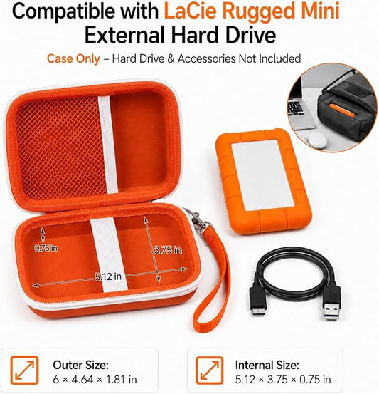Case Compatible with LaCie Rugged Mini 1TB/ 2TB/ 4TB/ 5TB External Hard Drive Portable HDD, Storage Holder for Hard Drives for Mac and PC Computer & USB 3.0 2.0 Cable SD Cards (Tangerine)
