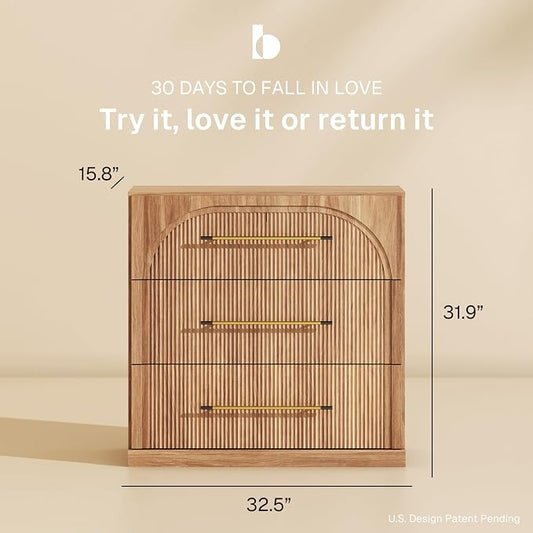 BELLEZE 32.5" Kitchen Storage Cabinet with 3 Drawers,Freestanding Accent Cabinet with Fluted Arched Design & Gold Handles,Modern Credenza for Living Room,Dining Room,Entryway - Camel