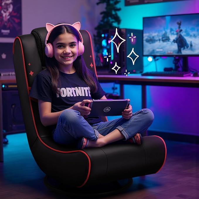 GTPLAYER Floor Gaming Chair Foldable Swivel Floor Chairs for Kids Boys Comfy Video Game Seat with 360° Multipurpose for Gamers, Bedroom or Game Room (Black-Red)
