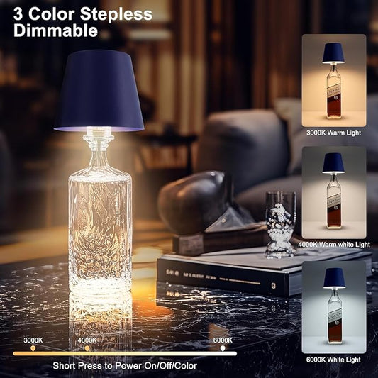 2 Pack Wireless Bottle Lamp,Rechargeable LED Wine Bottle Lamp Shade with Touch Dimming,3 Color Temperatures, Cordless Bottle Lights for Liquor Bottles,Bar, Restaurant,Bedroom Decor (Dark Blue,2pcs)