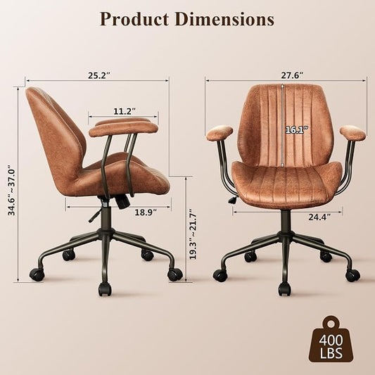 Mid Century Modren Office Chair - Fuax Leather Suede Brown Executive Chairs Ergonomic Mid Back with Lumbar Support, Swivel Computer Desk Task Chair with Wheels for Home Office (Brown, Mid Back)