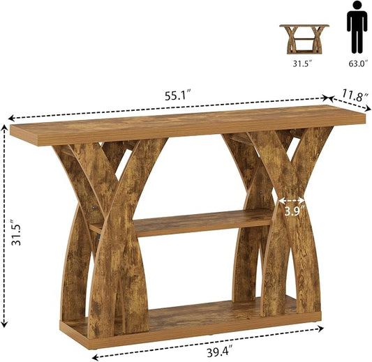 55 inch Sofa Table Behind Couch, 3-Tier Narrow Entryway Table with Storage, Wood Grain X-Shaped Console Tables for Living Room, Hallway, Foyer, Home Office