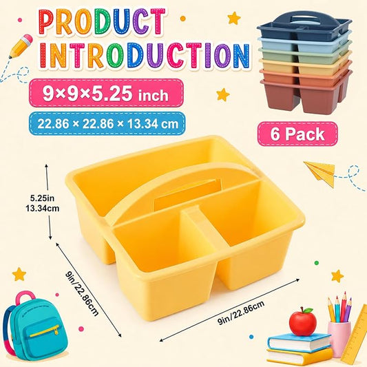 6 Pack 3 Compartment Small Caddy Plastic Classroom Organizer with Handle Portable Teacher Supply Storage Caddy Craft Art Caddies for Pencil, Crayon, Marker, Home, Office, School Supplies(Boho Earthy)