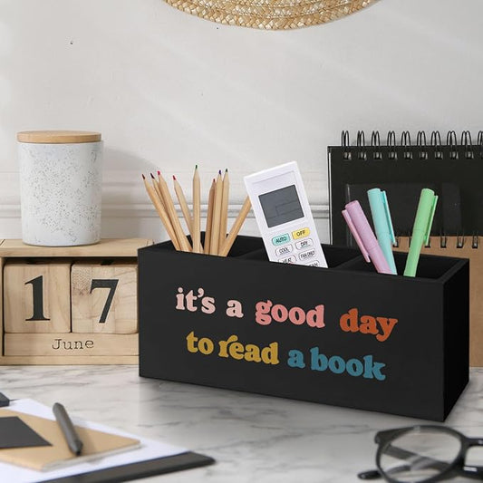 Black Wooden BookmarkPen Pencil Holder Decor for Desk, Book Lover Gifts, It's a Good Day to Read a Book Wood Makeup Brush Toothbrush Holder Organizer for Reading Corner Room Library