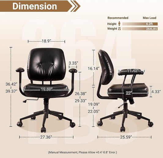 Ergonomic Home Office Chair, Mid-Century Faux Leather Home Office Desk Chairs with Wheels, Office Computer Chair with Rocking Swivel (Black,PU Leather)