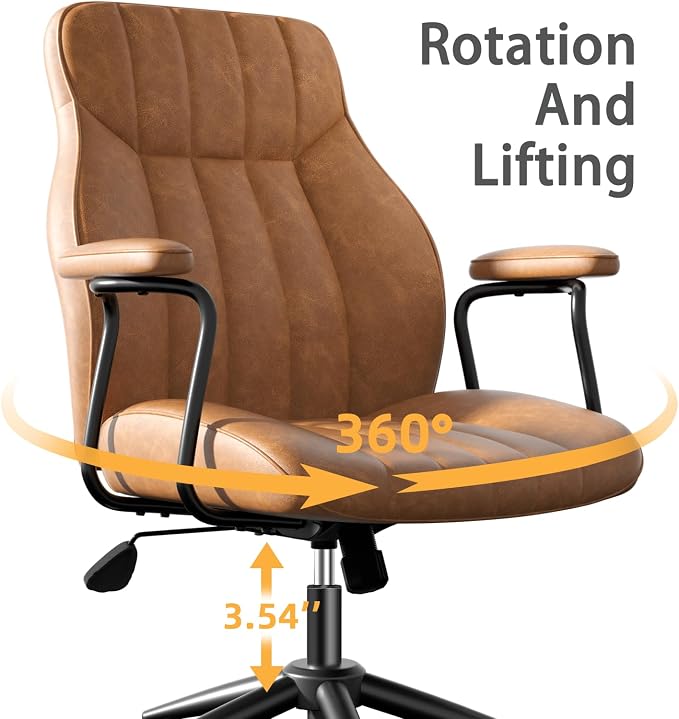 Brown Leather Office Chair, Mid Century Home Office Desk Chair | Ergonomic Curve Design, Removable Padded Arms, Height Adjustable Swivel Seat & Smooth Wheels, Vintage Mid-Back Computer Chair