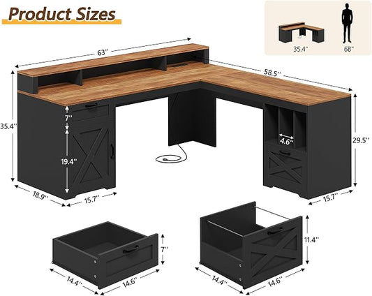 YOMILUVE Farmhouse 63" L Shaped Desk with Drawers and Storage Shelf, Home Office Desk with Power Outlets, Storage Cabinet, Corner Computer Desk with Long Monitor Stand, Brown and Black