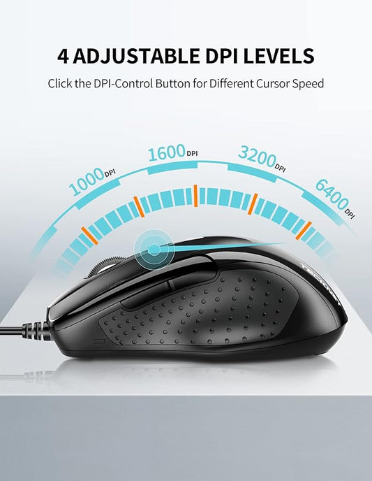 TECKNET USB Wired Mouse, 6-Button Corded Computer Mouse with 4 Adjustable DPI, Optical Computer Mice with Ergonomic Design and 5FT Cord for Laptop, Chromebook, PC, Desktop, Mac, Notebook-Black