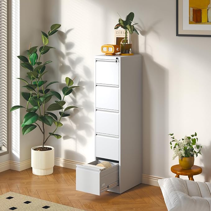 Metal File Cabinet 5 Drawers, Vertical Filing Cabinet for Home Office, File Cabinets with Lock for Legal/Letter Size Hanging File Folders, (White)