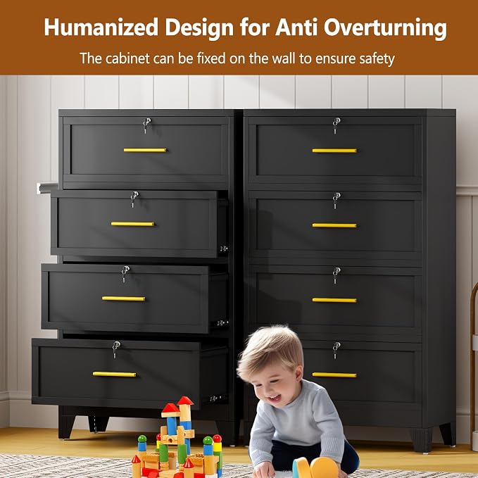 Metal Lateral File Cabinet with Lock,4 Drawer Steel Wide Filing Organization Storage Cabinets for Legal/Letter/A4/F4 Size with Hanging Files&Key,Lockable Printer Stand for Home Office, Black