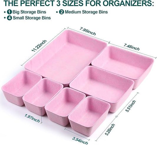 Desk Drawer Organizer | 7 Pack Felt Drawer Organizer Shallow Drawer Organizers Felt Storage Bins,Desk organizer trays (Pink)