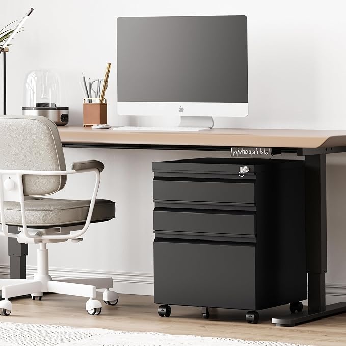 RAVIGIN 3 Drawer File Cabinet,Mobile Filing Cabinet with Lock and Wheels,Un-Assembled Metal Under Desk File Cabinets for A4/Letter/Legal Size(Black