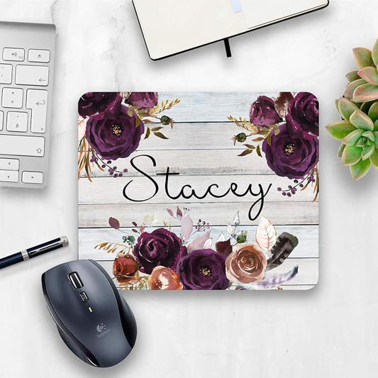 Personalized purple rustic floral mouse pad, floral rose home or office decor desk accessory gift for co-worker appreciation