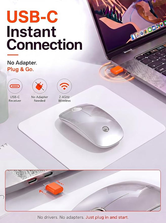 RAPIQUE USB C Wireless Mouse for MacBook Air/Pro, Silvery Slim Mouse, Silent Click, 3-Speed DPI, 480 Hours Battery Life, Portable 2.4GHz Type C Wireless Mouse for USB-C Devices, Laptops, Mac, macOS