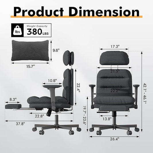 GXJ Criss Cross Legged Office Chair with Flip-up Arms, Footrest, G800 Plus | 6.3" Cushion Relieves Tailbone Pain, Head-Lumbar Support Eases Fatigue, Smooth Rolling Wheels, Corduroy Desk Seating, Black