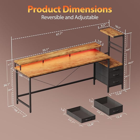 Mericonia 68 inch Gaming Desk with LED Lights & Power Outlets, Reversible Computer Desk with Storage Drawers & Monitor Stand, Large Gaming Table for Home Office