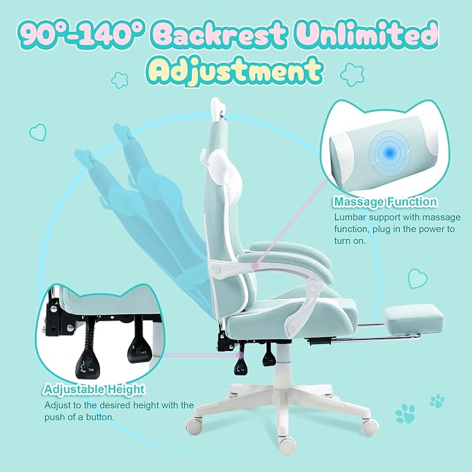 Dowinx Gaming Chair with Cat Ears and Massage Lumbar Support, Ergonomic Computer Chair with Footrest and Headrest, Comfortable Reclining Game Chair 290lbs for Adults, Blue
