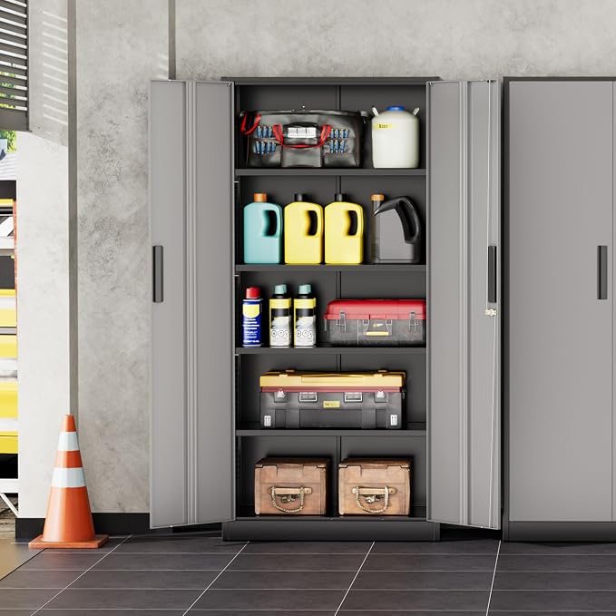 INTERGREAT Storage Cabinet with Doors and Shelves, Metal Garage Storage Cabinets with Lock, Lockable Steel Supply Cabinet for Home Office, Warehouse (Black Grey)