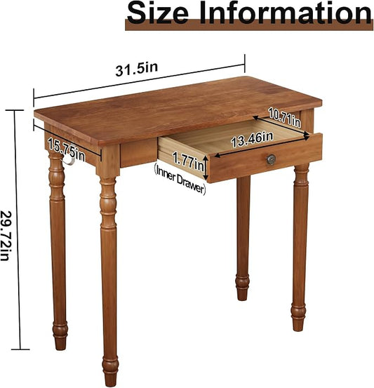 100% Solid Wood Desk with Drawers, 31 x 16 Inch Narrow Mid Century Modern Desk, Vintage Small Wooden Writing Table for Small Spaces Bedroom, Living Room, Office
