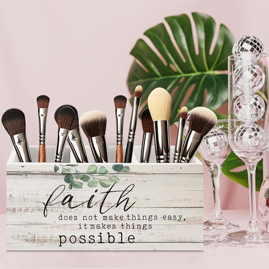 Sage Green Eucalyptus Christian Wooden Pen Pencil Holder for Office Desk Accessories, Faith Based Gifts, Inspirational Bible Verses Makeup Brush Toothbrush Holder Organizer for Bathroom