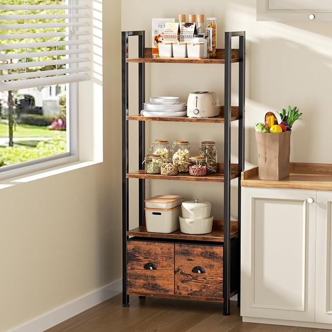 Furologee 5-Tier Bookshelf, Tall Bookcase with 2 Storage Drawers, Industrial Standing Storage Shelf, Wood Metal Display Rack for Living Room Bedroom Home Office, Rustic Brown
