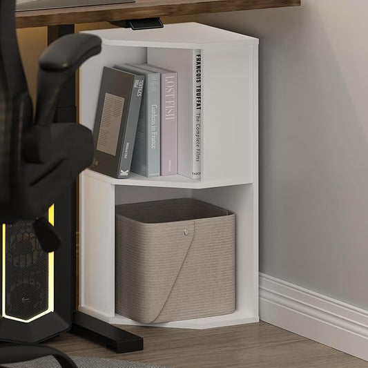Furinno ECON Corner Shelf, 2-Tier Corner Book Shelf, Standing Storage Shelves, Cube Display Rack, Bookshelf, for Organization and Storage, Living Room, Home Office, Plain White