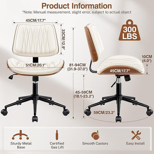 Ergonomic Armless Office Desk Chair - Mid-Century Modern White Faux Leather with Diamond Stitch, Adjustable Height Swivel Rolling Task Computer Chair with Walnut Accent for Home Office, Study & Work