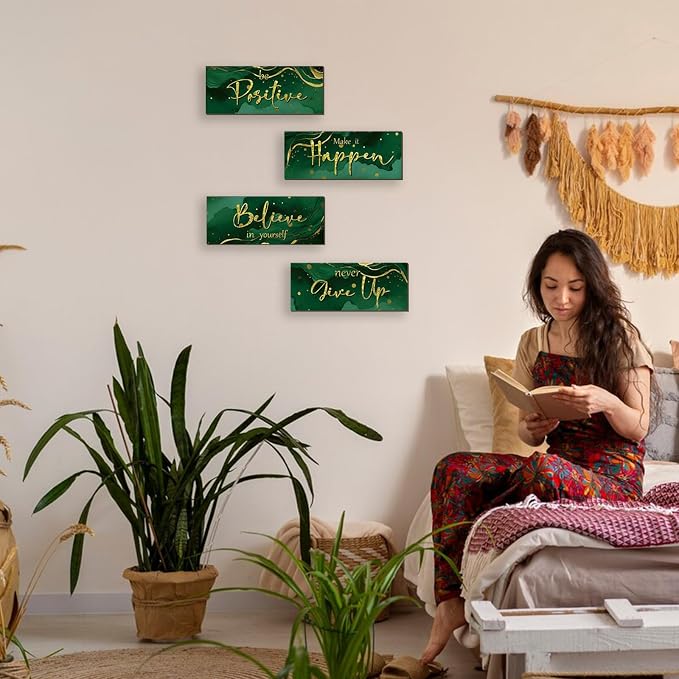 FENCORDAR 4 Piece Green and Gold Wall Decor Set Motivational Wall Decor Inspirational Wooden Signs for Bedroom Bathroom Women’s Office Abstract Elegant Art for Home or Office Decoration 10X4 Inches