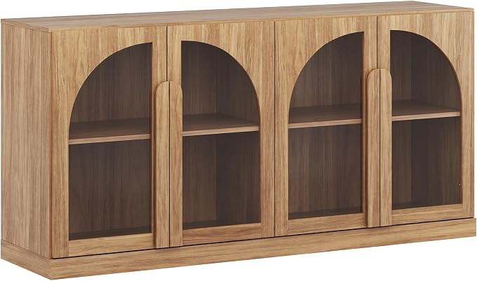 BELLEZE 64" Kitchen Storage Cabinet with Adjustable Shelves, Freestanding Accent Cabinet with Arched Glass Doors for Living Room, Dining Room, Entryway, Camel