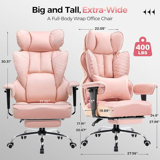 COMHOMA Desk Office Chair Big and Tall Office Chairs Ergonomic Gaming Chairs with Wide Seat Leather High Back Chair with Foot Rest Adjustable Armrests Pocket Spring Lumbar Support
