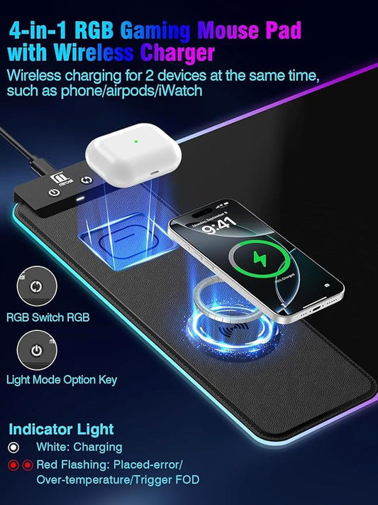 Mouse Pad with Magnetic Wireless Charging, Large Desk Pad Protector, RGB Black Desk Mat with 15W Fast Charger, Non-Slip Waterproof Mousepad for Office Home Gaming