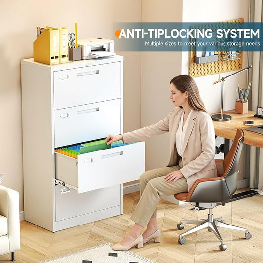 MIIIKO 4 Drawer Lateral File Cabinet with Lock, Black Lateral Filing Cabinets, Metal Storage File Cabinets for Letter/Legal/F4/A4 Size