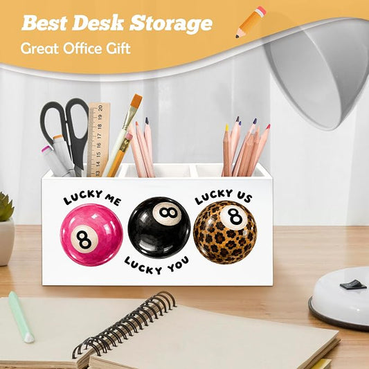 Trendy Retro 8 Ball Pen Holder Organizer for Desk Accessories, Girly Office Decor, Funky Preppy Y2K Lucky Me Lucky 8 Ball Wooden Box Sign Desk Decorations for Girls Room Bedroom Dorm Decor
