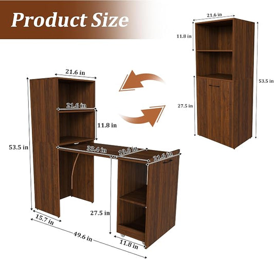 Foldable Wall Mounted Desk with Storage Shelves & Blackboard, Fold-Out Convertible Writing Table for Small Spaces | Space-Saving Floating Computer Desk for Home Office (Walnut)