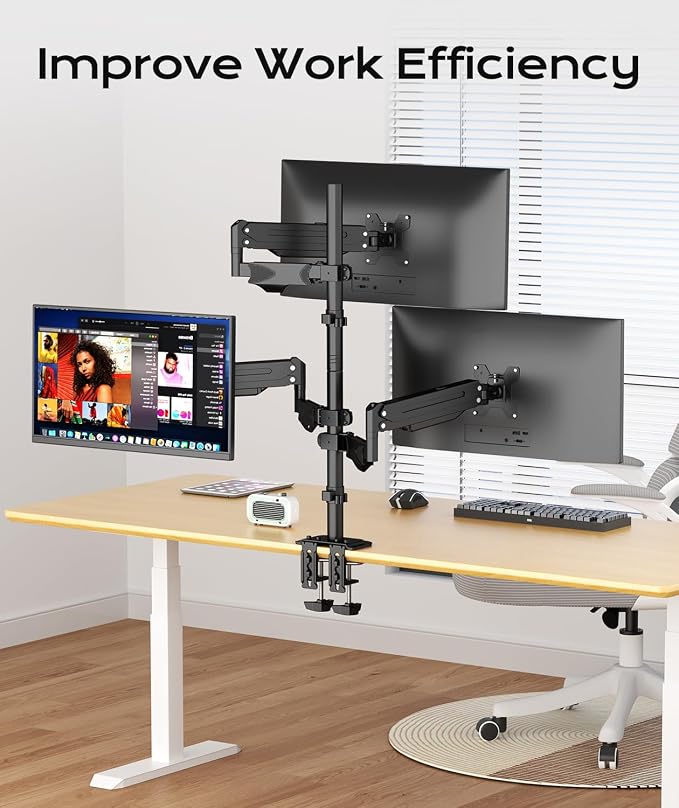 Pholiten Triple Monitor Mount, 3 Gas Spring Monitor Arms for Up to 32 inches Screens, Fully Adjustable Heavy Duty Triple Monitor Mount with Cable Management, Each Arm Holds 22 lbs