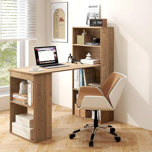 LDAILY Computer Desk with Bookshelf, 48” Modern Office Desk w/ 6-Tier Storage Shelves, CPU Stand, Wider Base, 3-in-1 Reversible Study Table, Writing Desk for Home Office, Bedroom, Study Room (Natural)