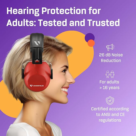 Vanderfields - Hearing Protection Ear Muffs - Over 31 dB (2K Hz) Broad Noise Cancelling Sound Reduction - Adults & Teens