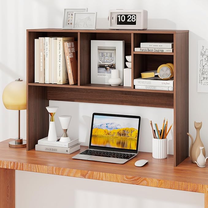 LDAILY Desktop Bookshelf, 2-Tier Office Desk Shelf Organizer Desk Hutch with 4 Shelves, 37’’L Wood Storage Rack Display Shelf for Computer Desk, Office, College Dorm, Bedroom (Walnut)