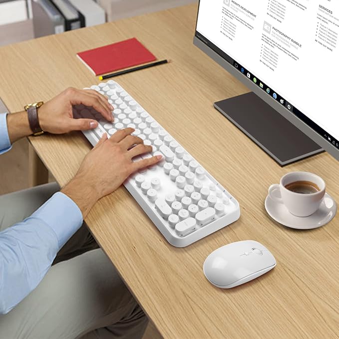 FOPETT Wireless Keyboard and Mouse Combo, 104 Keys Full-Sized 2.4 GHz Round Keycap Colorful Keyboards, USB Receiver Plug and Play, for Windows, Mac, PC, Laptop, Desktop (White)