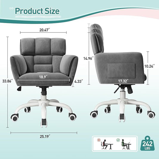 DurayLoly Home Office Chair with Wheels Soft-Touch Material,Modern Cute Vanity Chair with Back Adjustable Height Upholstered Comfy Desk Chairs with Side Pockets for Bedroom,Grey