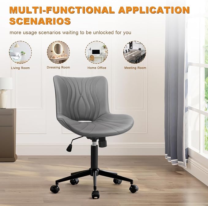 Armless Office Chair, Height Adjustable Desk Chair with Wheels, Ergonomic Comfy 360° Swivel Home Office Computer Task Chair, Faux Leather Padded Cute Vanity Chair, Gray