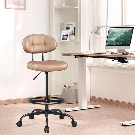 Misolant Drafting Chair Without Arms, Tall Office Chair with Footrest Ring for Standing Desk, Small Faux Leather Executive Office Chair with Adjustable Height for Bar Lab Counter Height Desk, Brown