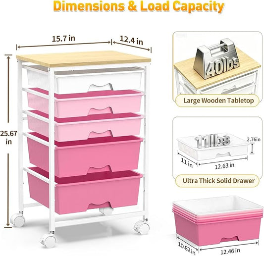 SUNALLY Rolling Storage Utility Cart With 5 Drawers, 5 Tier Rolling Cart with Wooden Tabletop and 2 Lockable Wheels, Storage Drawer Cart for Craft Art Supply Storage & Home Office Organization, Pink