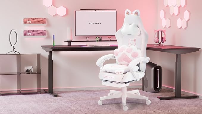 Dowinx Gaming Chair with Cat Ears and Massage Lumbar Support, Ergonomic Computer Chair with Footrest and Headrest, Comfortable Reclining Game Chair 290lbs for Adults, White