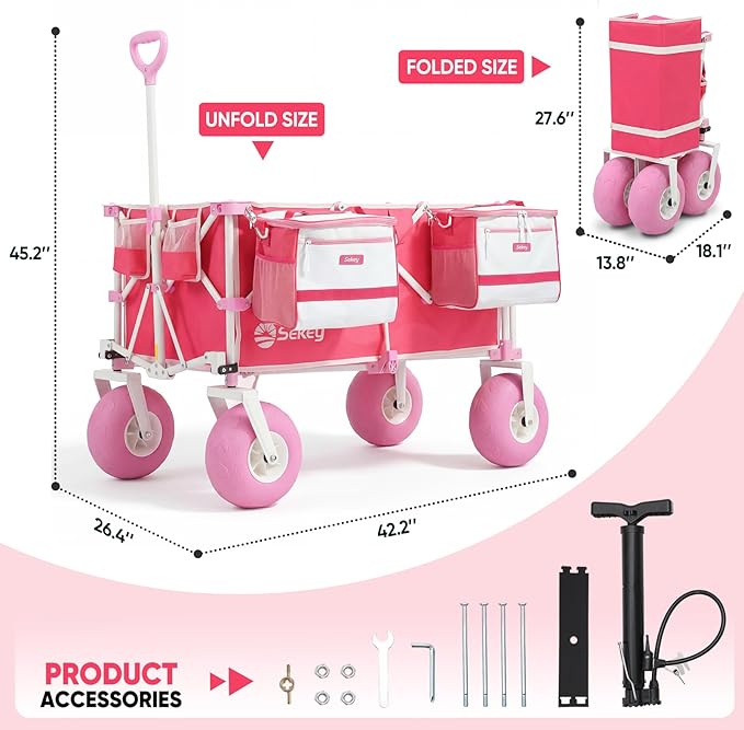 Sekey Heavy Duty Beach Wagon with 9" Big Sand-Proof Wheels, 300L Oversized Foldable Beach Cart with Cooler| Adjustable Handle & Balloon Tires for Sand, Camping,Vacation
