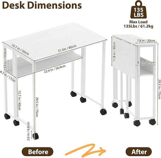 Folding Desk Small Rolling Desk with Storage Shelf,31.5 Inch Foldable Computer Table with Wheels,Portable Office Desk for Small Space Sofa Table,Easy to Fold,Writing Work Office Computer Desk,White